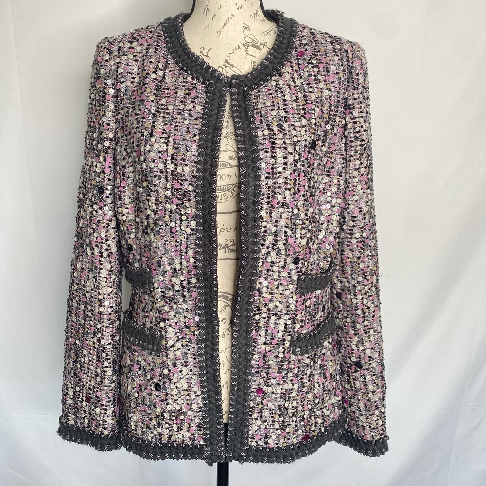Neiman Marcus Tweed‎ Sequin Pink Grey Jacket Sz M Preppy Old Money Classic Fall
